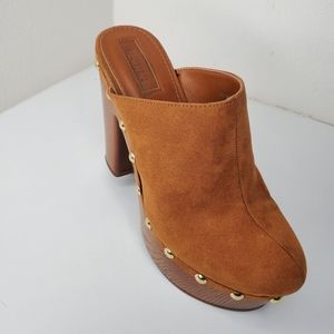 Faux brown suede studded platform clogs